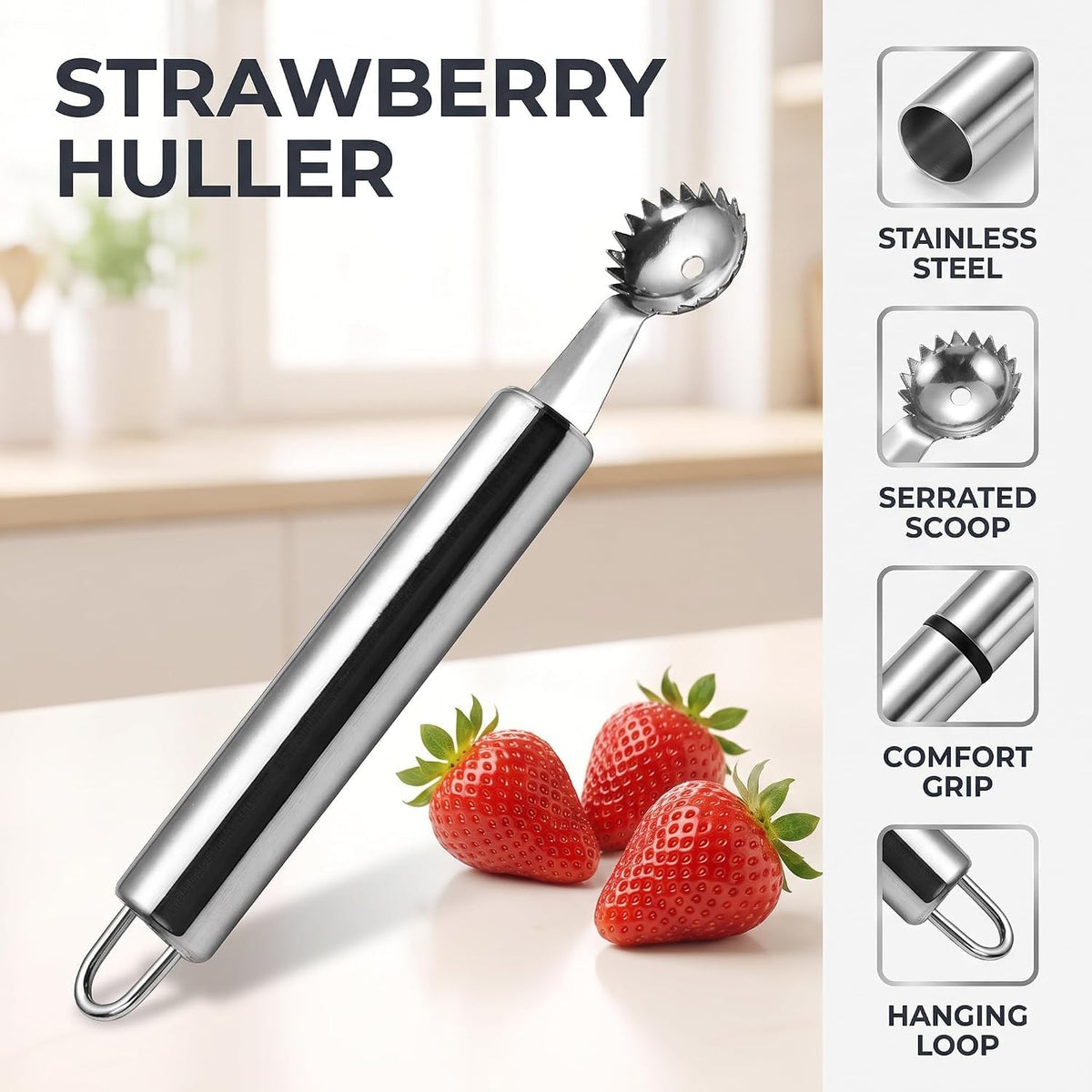 Silver Stainless Steel Strawberry Huller and Tomato Stem Corer Tool Cherry Tomatoes Stem Remover, Dishwasher Safe，Fruit and Vegetable Corers