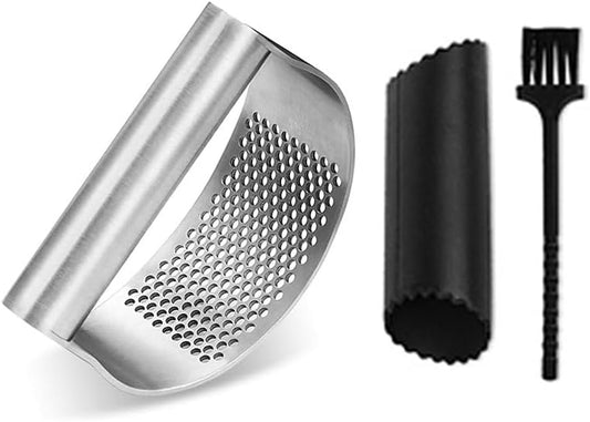 Stainless Steel Garlic Press,Heavy Duty Manual Crusher | Food Grade Rustproof,Easy Squeeze Max Mincing,Dishwasher Safe,for Home Cooking Camping (Garlic Peeling Set Cleaning Brush)