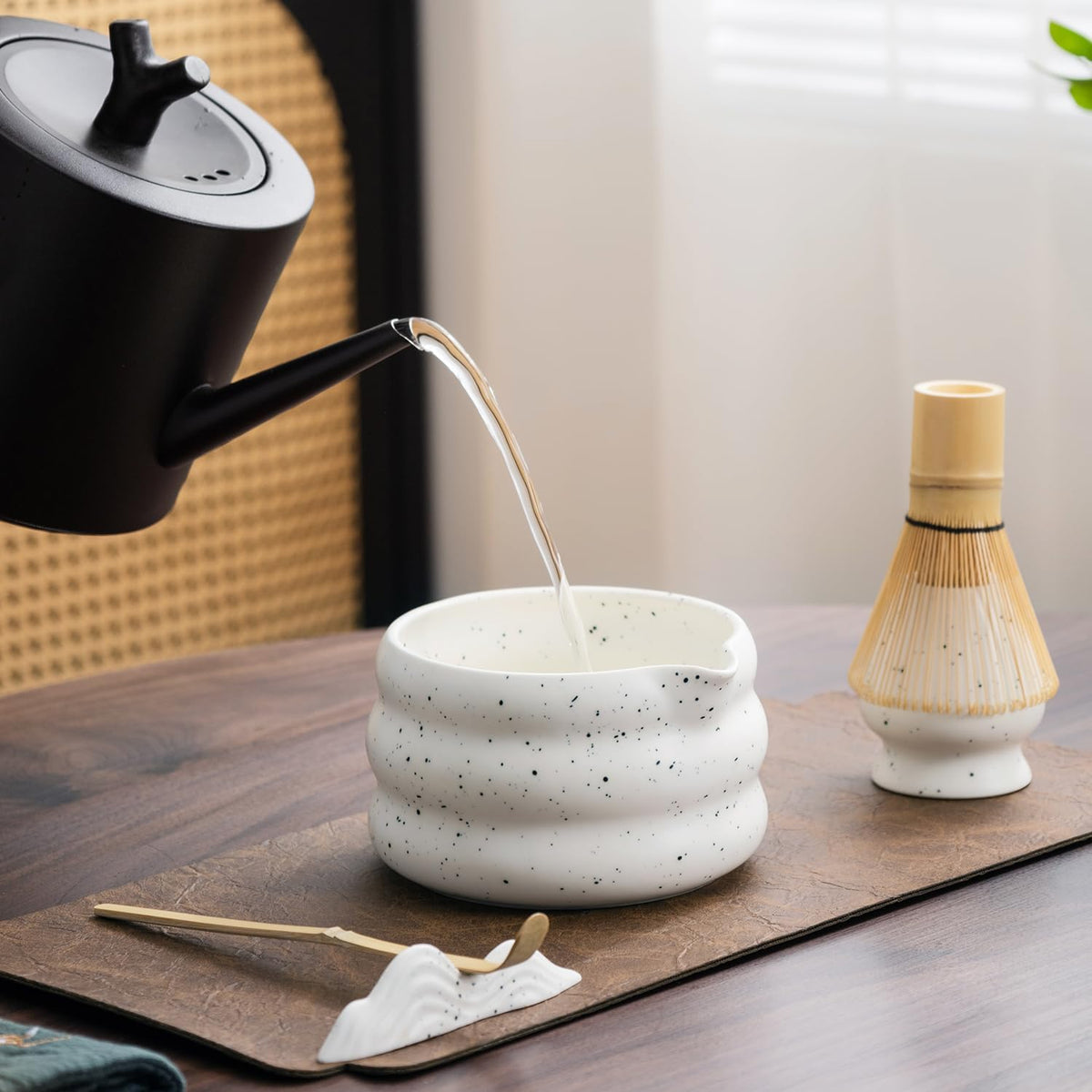 7Pcs Japanese Matcha Tea Set, Matcha Kit with Matcha Bowl (with Pouring Spout), Matcha Whisk, Whisk Holder, Strainer - Elegant Matcha Set for Gifting and Personal Use, Gift Box Packaging (white)