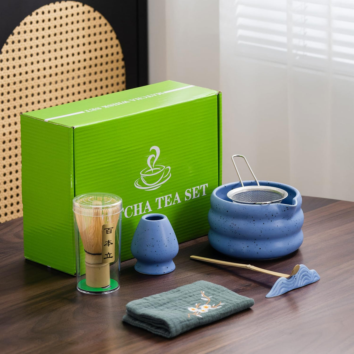 7Pcs Japanese Matcha Tea Set, Matcha Kit with Matcha Bowl (with Pouring Spout), Matcha Whisk, Whisk Holder, Strainer - Elegant Matcha Set for Gifting and Personal Use, Gift Box Packaging (white)