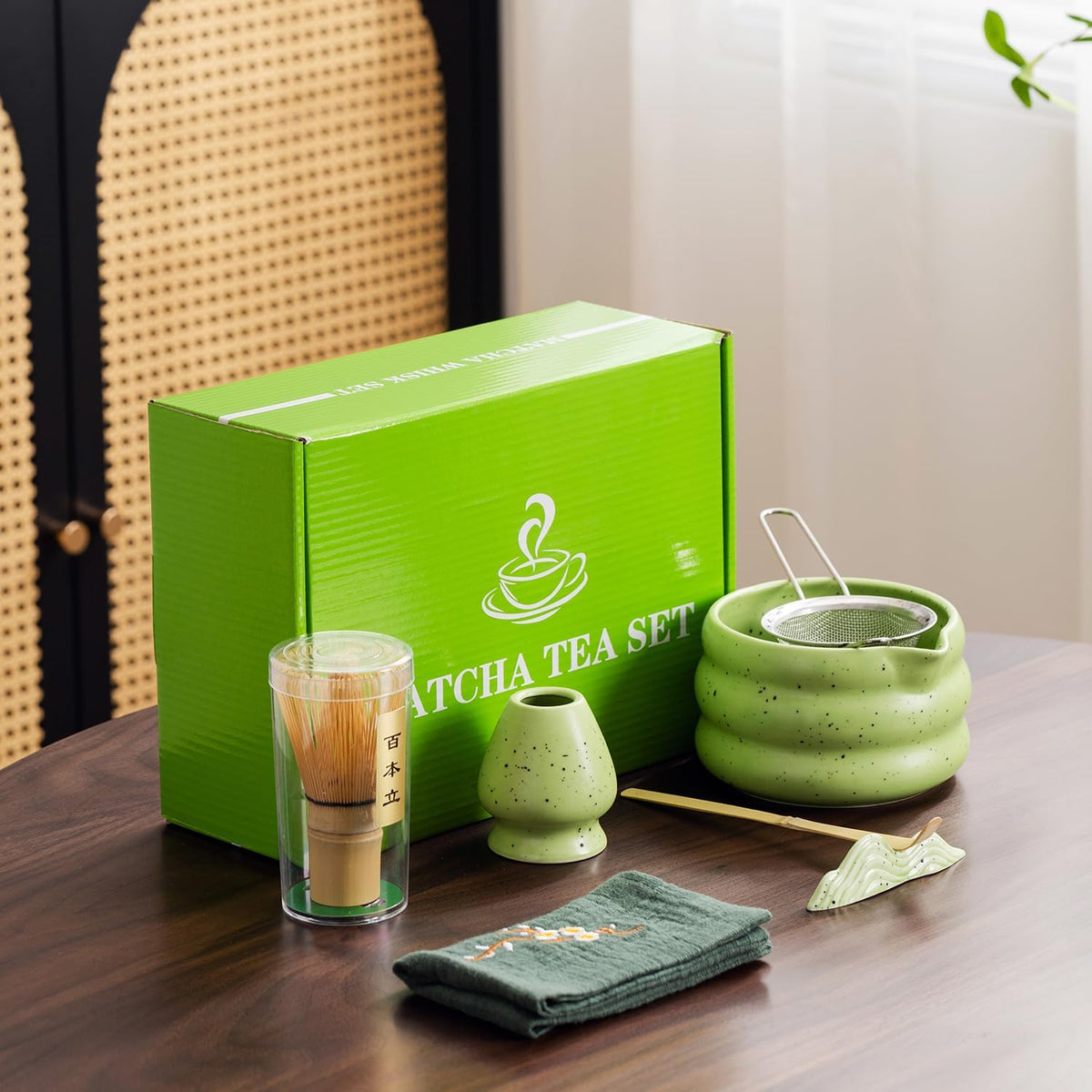 7Pcs Japanese Matcha Tea Set, Matcha Kit with Matcha Bowl (with Pouring Spout), Matcha Whisk, Whisk Holder, Strainer - Elegant Matcha Set for Gifting and Personal Use, Gift Box Packaging (white)
