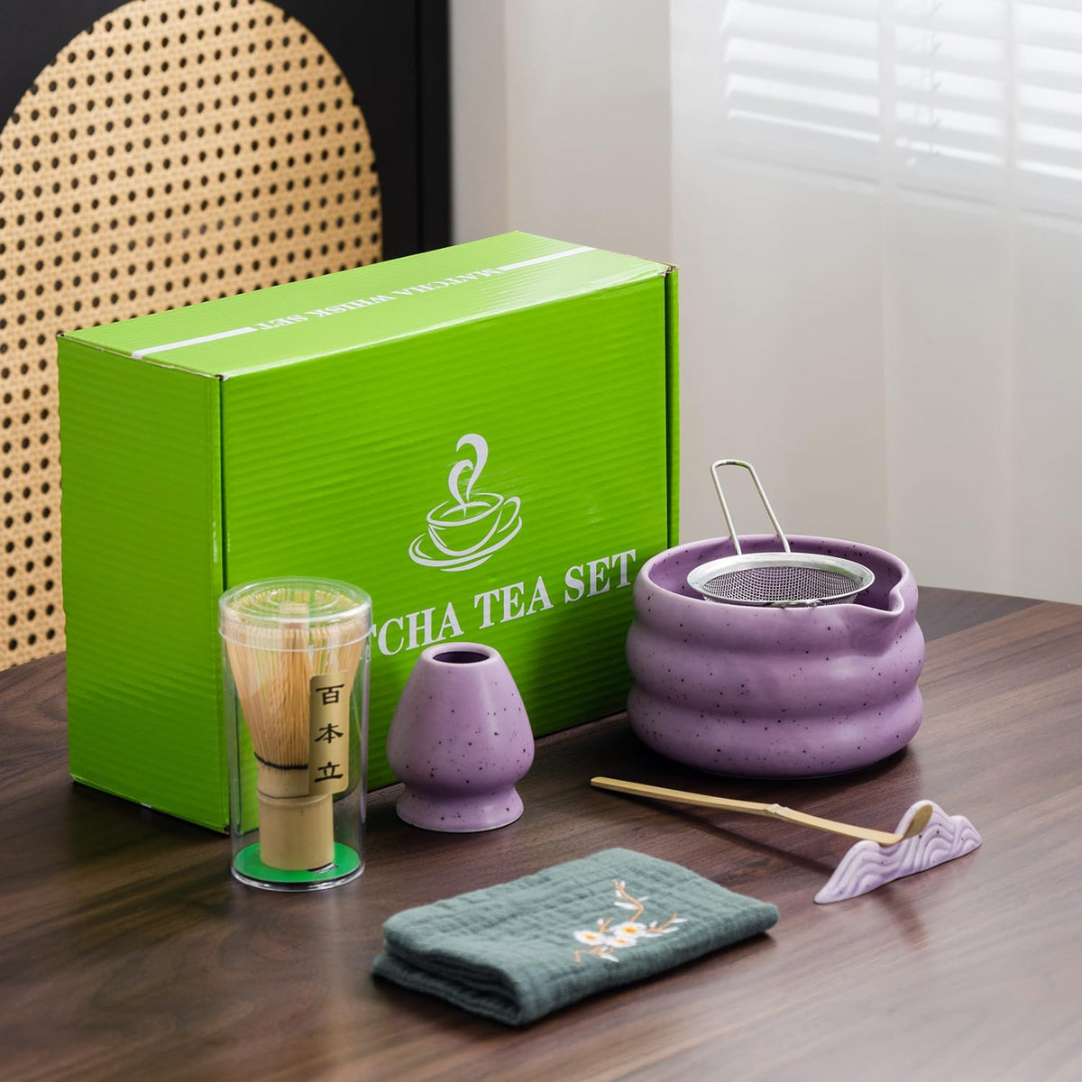 7Pcs Japanese Matcha Tea Set, Matcha Kit with Matcha Bowl (with Pouring Spout), Matcha Whisk, Whisk Holder, Strainer - Elegant Matcha Set for Gifting and Personal Use, Gift Box Packaging (white)