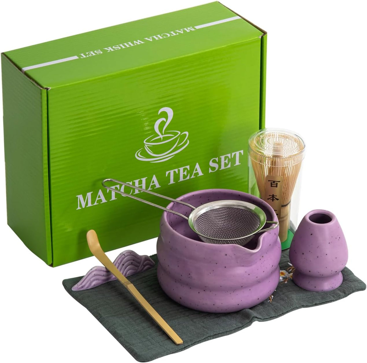 7Pcs Japanese Matcha Tea Set, Matcha Kit with Matcha Bowl (with Pouring Spout), Matcha Whisk, Whisk Holder, Strainer - Elegant Matcha Set for Gifting and Personal Use, Gift Box Packaging (white)
