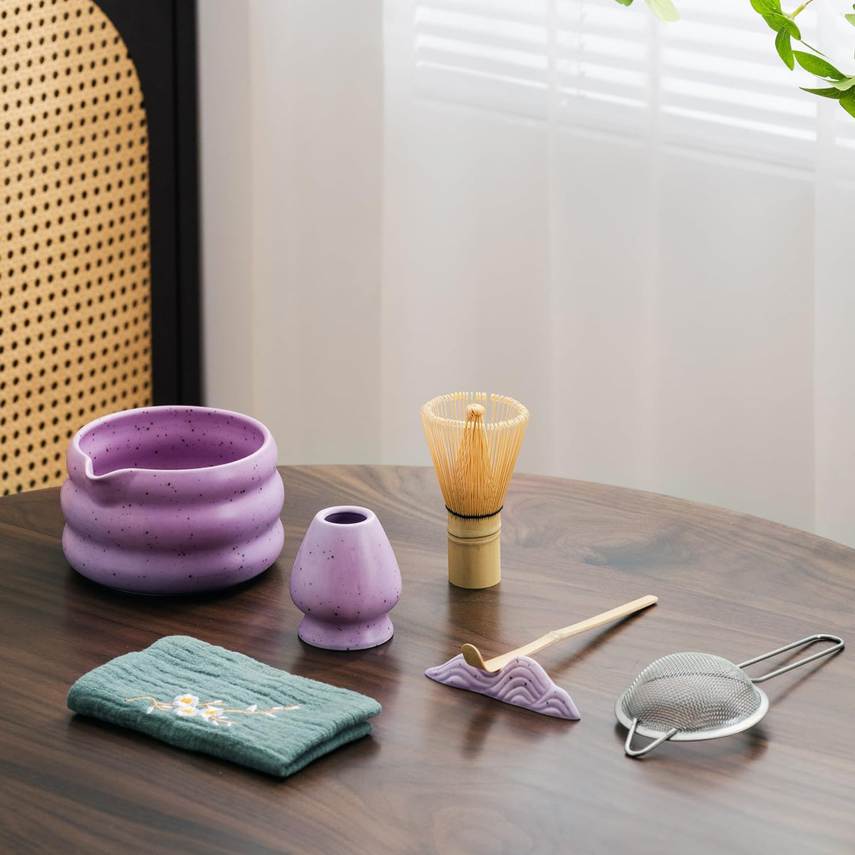 7Pcs Japanese Matcha Tea Set, Matcha Kit with Matcha Bowl (with Pouring Spout), Matcha Whisk, Whisk Holder, Strainer - Elegant Matcha Set for Gifting and Personal Use, Gift Box Packaging (white)