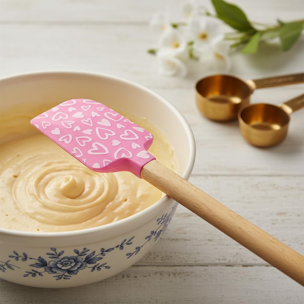 Heart Silicone Spatulas,Cake Cream Silicone Spatula Wooden Handle Butter Pastry Blender Scraper Kitchen Chocolate Butter Baking Mixers,Kitchen Utensils and Gadgets (Pink&White)