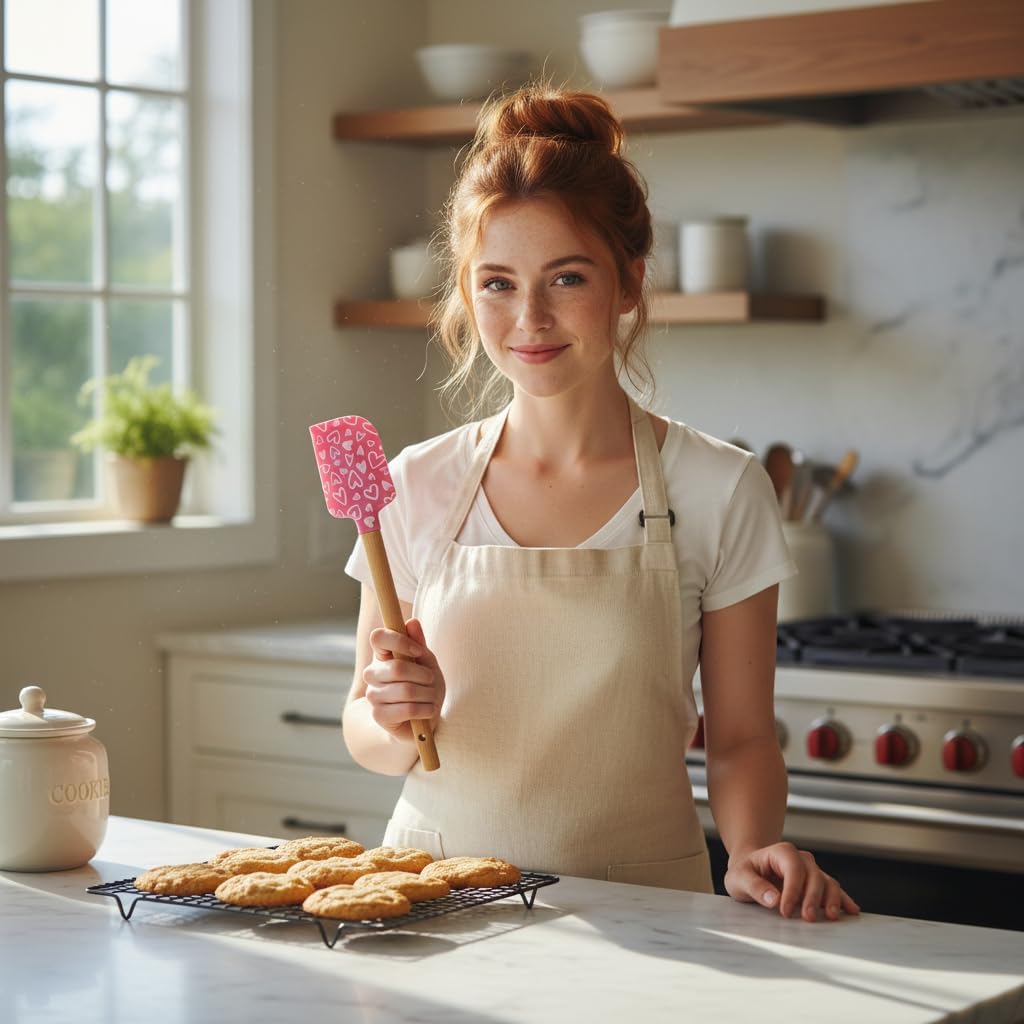 Heart Silicone Spatulas,Cake Cream Silicone Spatula Wooden Handle Butter Pastry Blender Scraper Kitchen Chocolate Butter Baking Mixers,Kitchen Utensils and Gadgets (Pink&White)