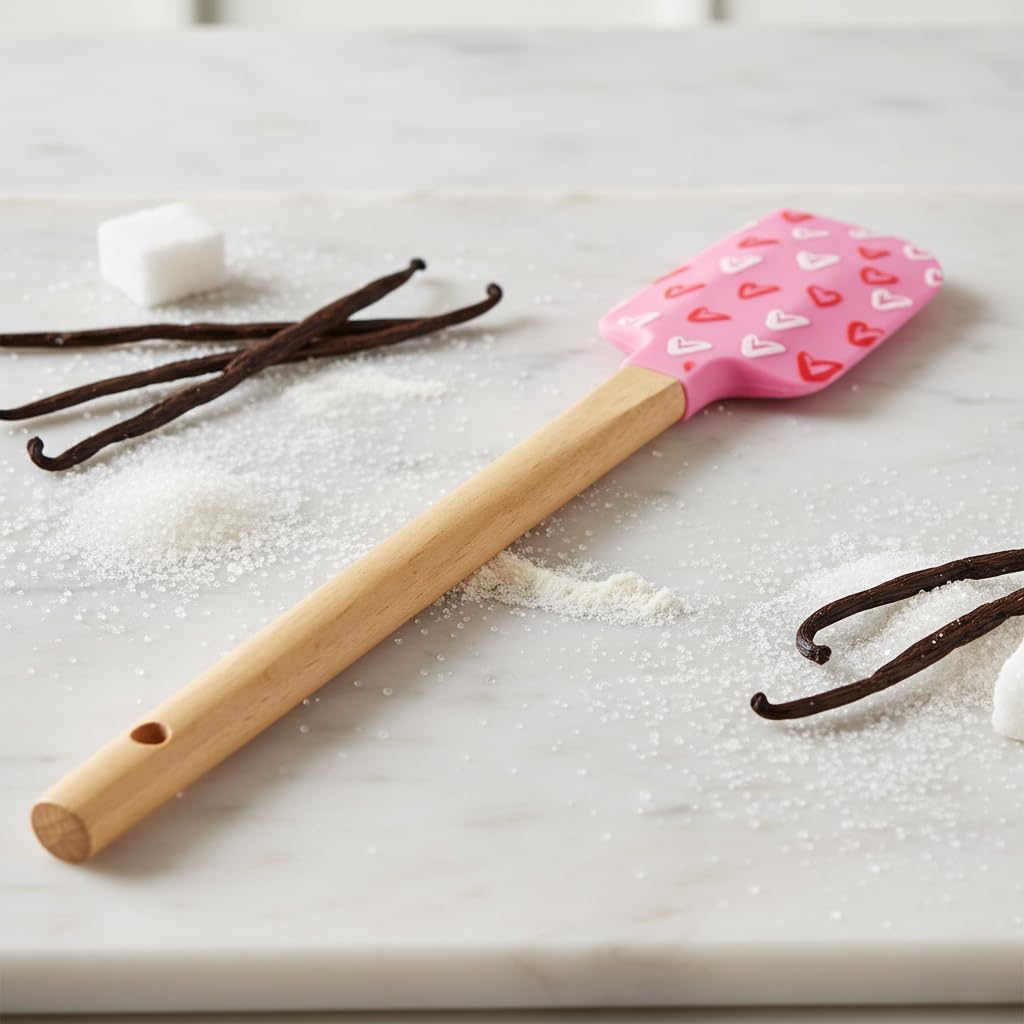 Heart Silicone Spatulas,Cake Cream Silicone Spatula Wooden Handle Butter Pastry Blender Scraper Kitchen Chocolate Butter Baking Mixers,Kitchen Utensils and Gadgets (Pink&White)