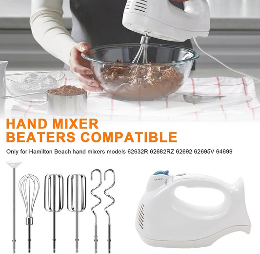6 Pack Hand Mixer Beaters Attachments Compatible with Hamilton Beach | Replacement Beater, Dough Hook, Blending Rod, Whisk Parts for 62632R, 62682RZ, 62692, 62695V, 64699 Handheld Mixers Blender