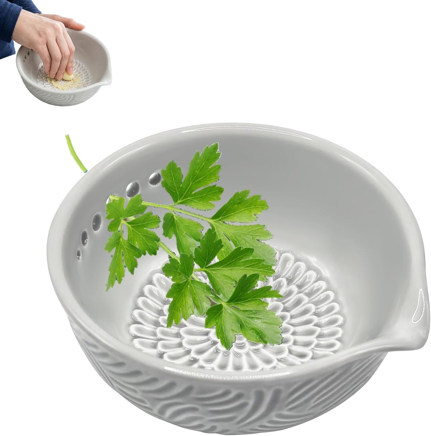 Ceramic Herb Stripper and Garlic Ginger Grater Bowl, 3-in-1 Kitchen Tool | Handmade Ceramic 7-Hole Herb Kale Stripper & Grater Bowl with Pour Spout, Space-Saving, Kitchen Cooking Effortless Prep Tool