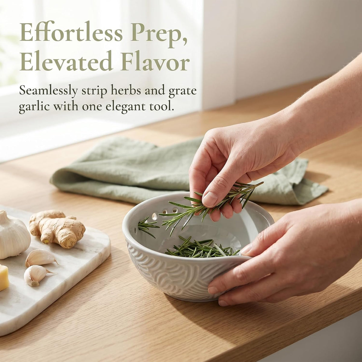 Ceramic Herb Stripper and Garlic Ginger Grater Bowl, 3-in-1 Kitchen Tool | Handmade Ceramic 7-Hole Herb Kale Stripper & Grater Bowl with Pour Spout, Space-Saving, Kitchen Cooking Effortless Prep Tool
