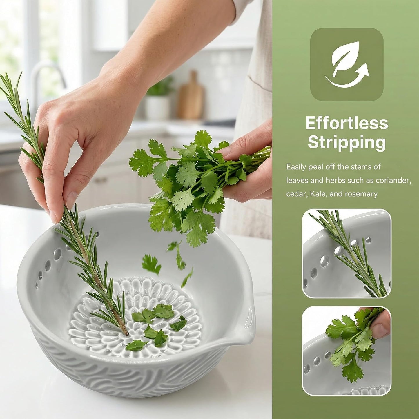 Ceramic Herb Stripper and Garlic Ginger Grater Bowl, 3-in-1 Kitchen Tool | Handmade Ceramic 7-Hole Herb Kale Stripper & Grater Bowl with Pour Spout, Space-Saving, Kitchen Cooking Effortless Prep Tool