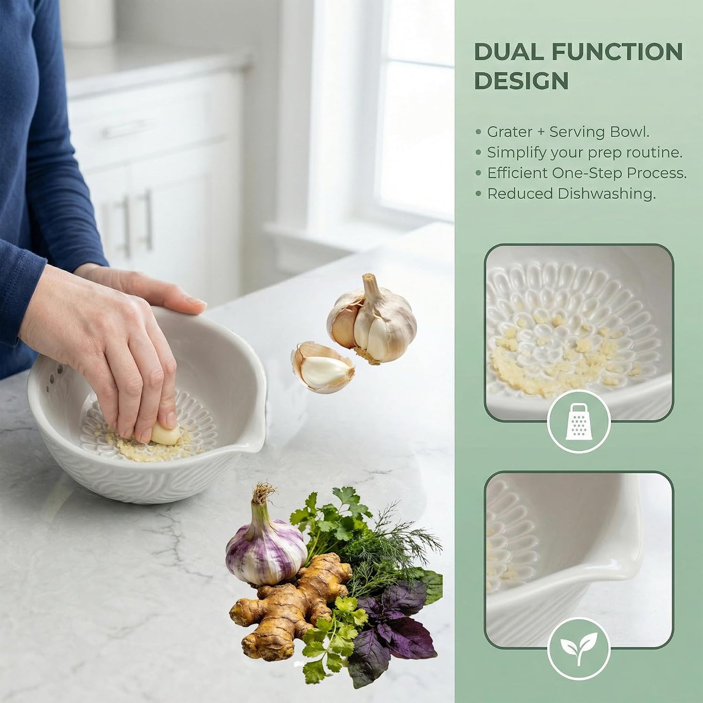 Ceramic Herb Stripper and Garlic Ginger Grater Bowl, 3-in-1 Kitchen Tool | Handmade Ceramic 7-Hole Herb Kale Stripper & Grater Bowl with Pour Spout, Space-Saving, Kitchen Cooking Effortless Prep Tool
