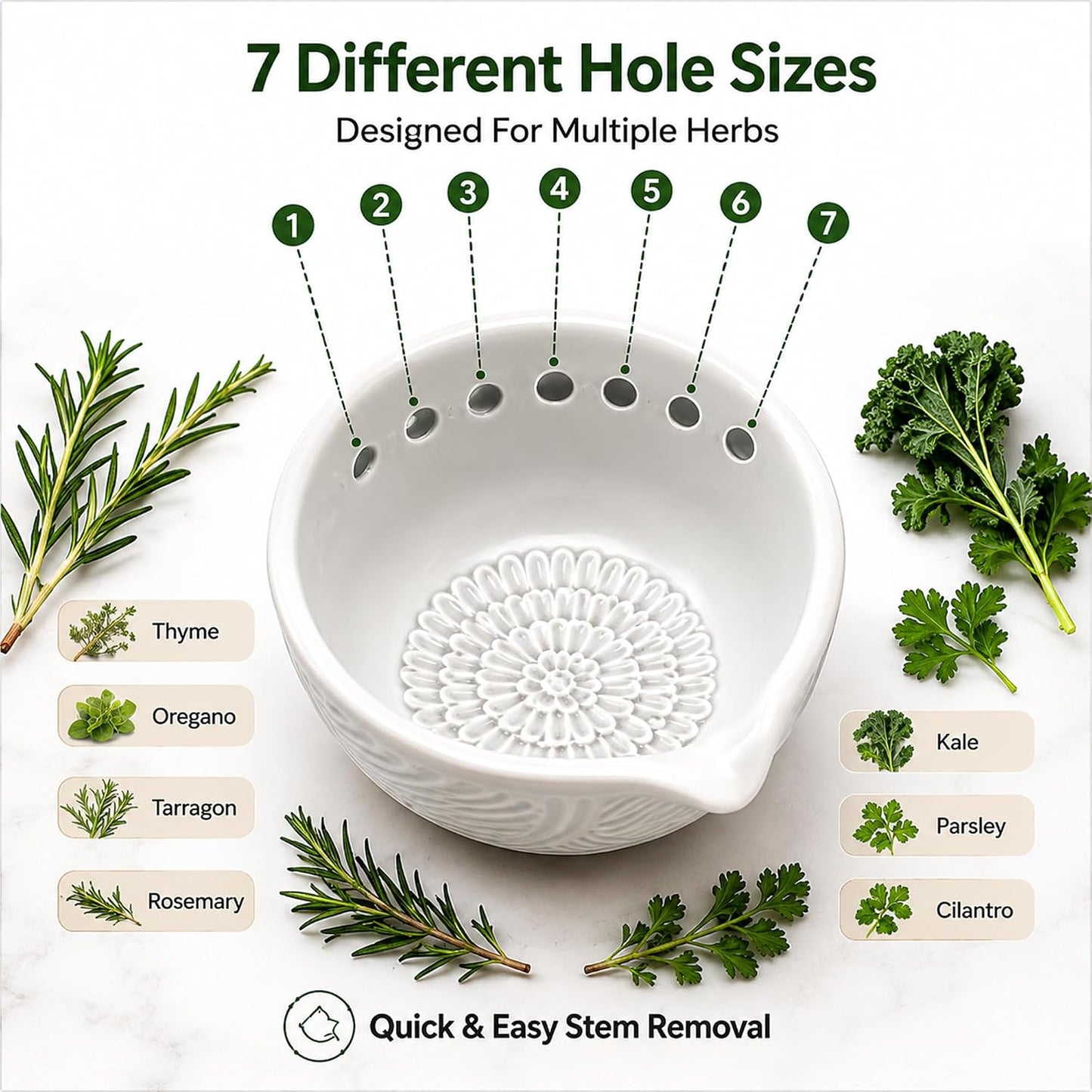 Ceramic Herb Stripper and Garlic Ginger Grater Bowl, 3-in-1 Kitchen Tool | Handmade Ceramic 7-Hole Herb Kale Stripper & Grater Bowl with Pour Spout, Space-Saving, Kitchen Cooking Effortless Prep Tool