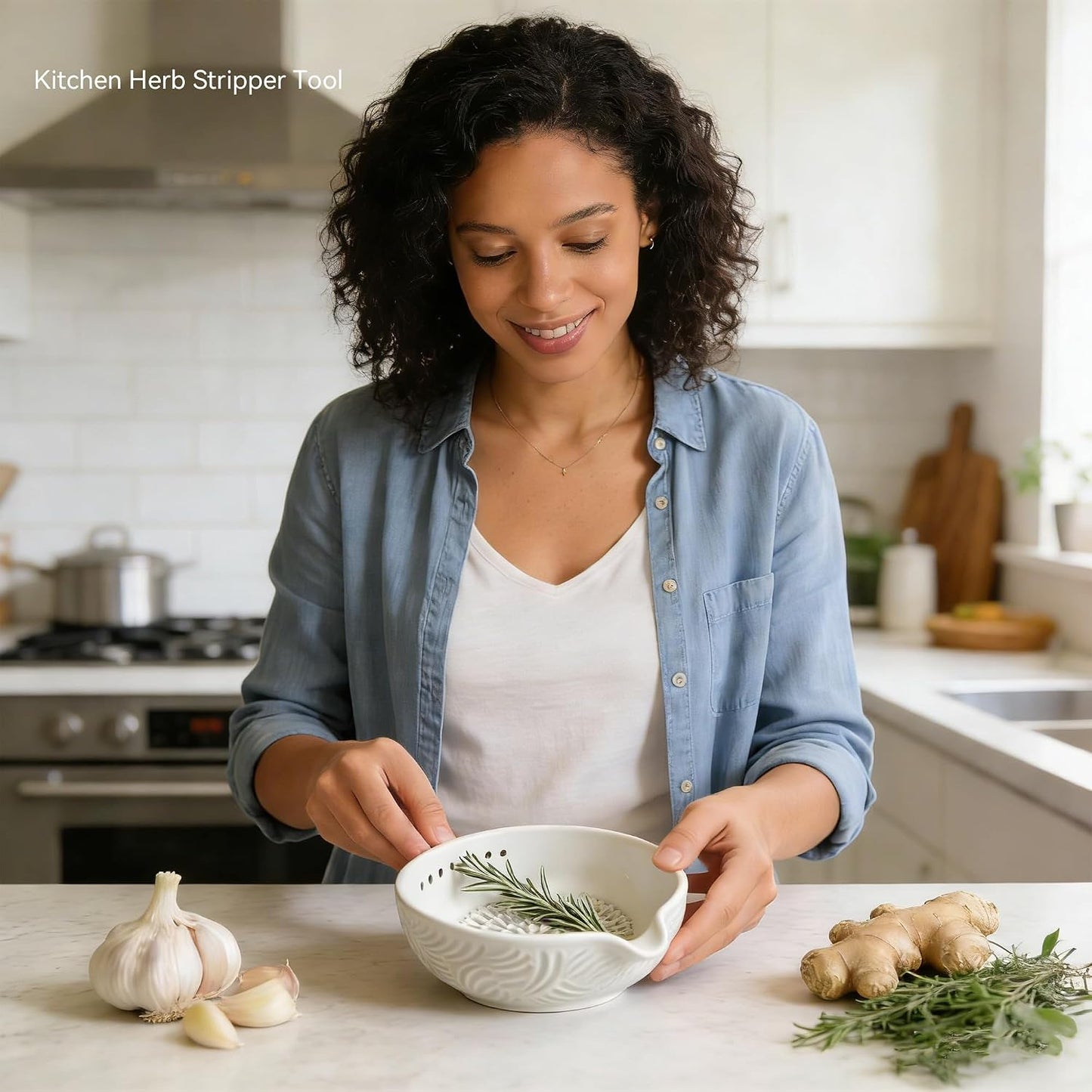 Ceramic Herb Stripper and Garlic Ginger Grater Bowl, 3-in-1 Kitchen Tool | Handmade Ceramic 7-Hole Herb Kale Stripper & Grater Bowl with Pour Spout, Space-Saving, Kitchen Cooking Effortless Prep Tool