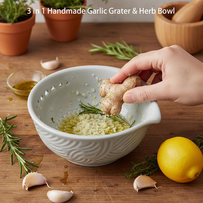 Ceramic Herb Stripper and Garlic Ginger Grater Bowl, 3-in-1 Kitchen Tool | Handmade Ceramic 7-Hole Herb Kale Stripper & Grater Bowl with Pour Spout, Space-Saving, Kitchen Cooking Effortless Prep Tool
