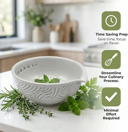 Ceramic Herb Stripper and Garlic Ginger Grater Bowl, 3-in-1 Kitchen Tool | Handmade Ceramic 7-Hole Herb Kale Stripper & Grater Bowl with Pour Spout, Space-Saving, Kitchen Cooking Effortless Prep Tool