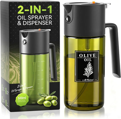 2-IN-1 Oil Sprayer for Cooking,Oil Dispenser for Kitchen,500ML,Black | Olive Oil Spray Bottle with Leak-Proof, Cooking Spray with Portion Control for BBQ, Air Fryer, Salad, Light-Blocking Glass