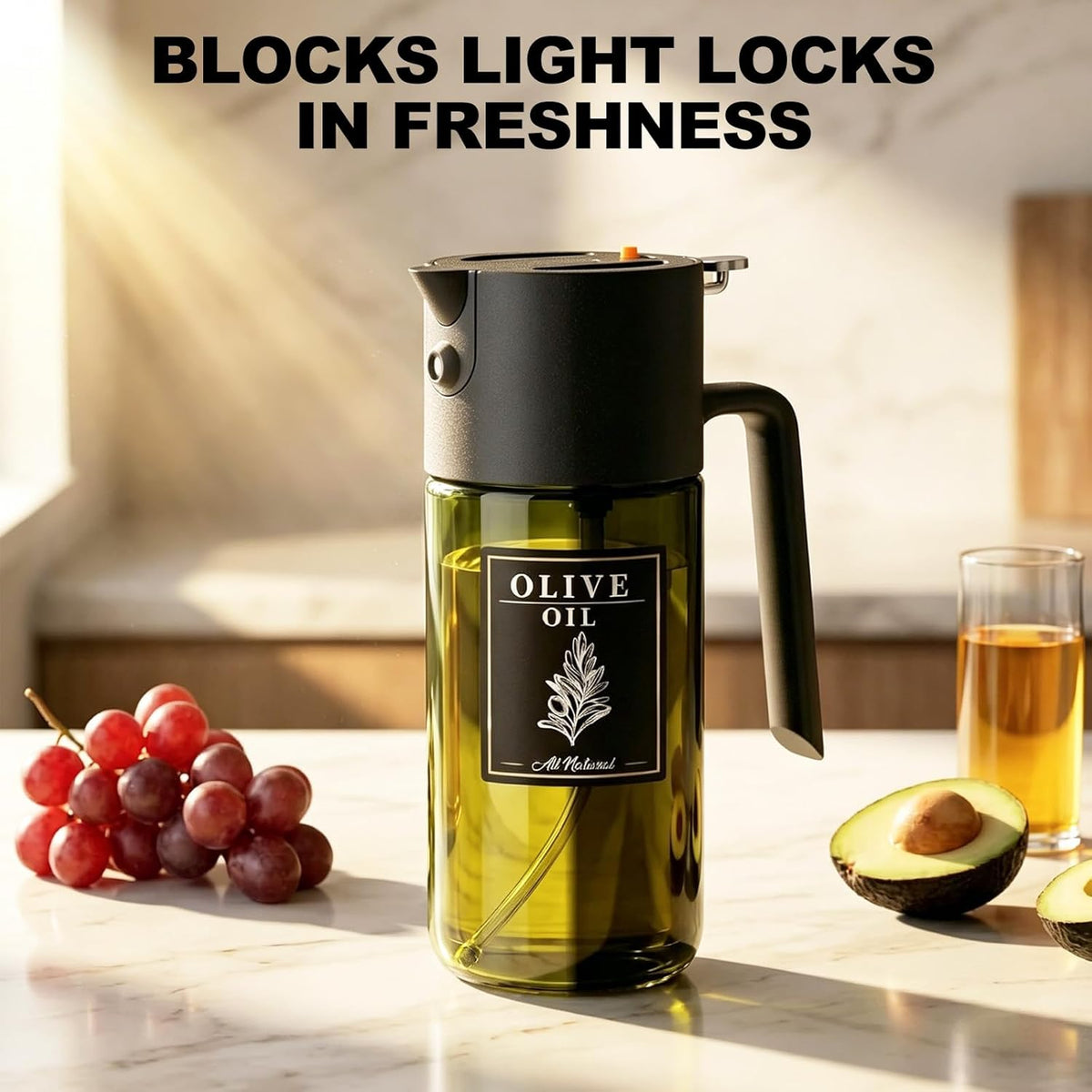 2-IN-1 Oil Sprayer for Cooking,Oil Dispenser for Kitchen,500ML,Black | Olive Oil Spray Bottle with Leak-Proof, Cooking Spray with Portion Control for BBQ, Air Fryer, Salad, Light-Blocking Glass