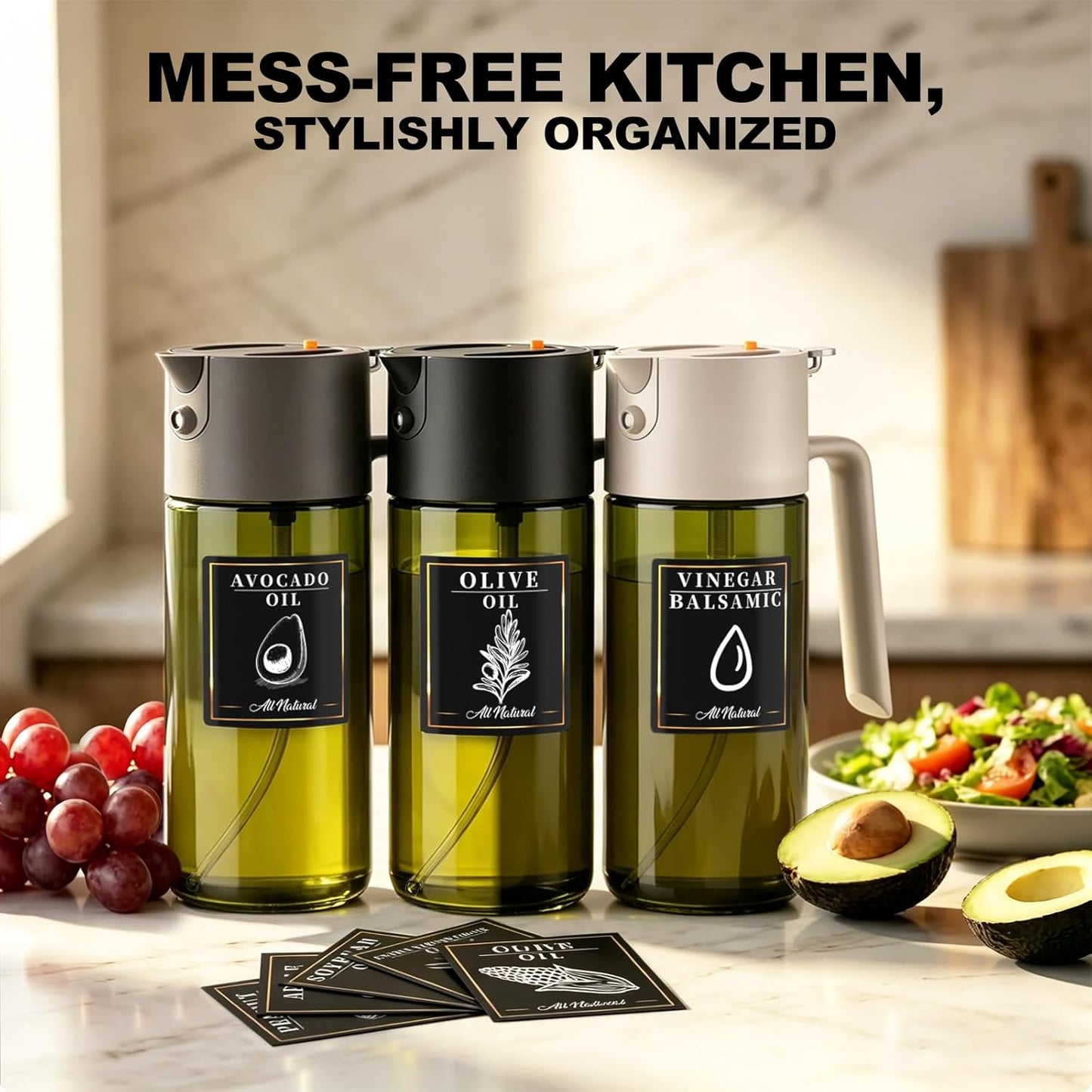 2-IN-1 Oil Sprayer for Cooking,Oil Dispenser for Kitchen,500ML,Black | Olive Oil Spray Bottle with Leak-Proof, Cooking Spray with Portion Control for BBQ, Air Fryer, Salad, Light-Blocking Glass