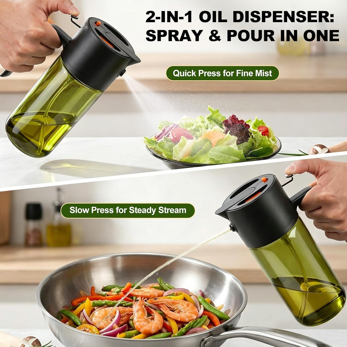 2-IN-1 Oil Sprayer for Cooking,Oil Dispenser for Kitchen,500ML,Black | Olive Oil Spray Bottle with Leak-Proof, Cooking Spray with Portion Control for BBQ, Air Fryer, Salad, Light-Blocking Glass
