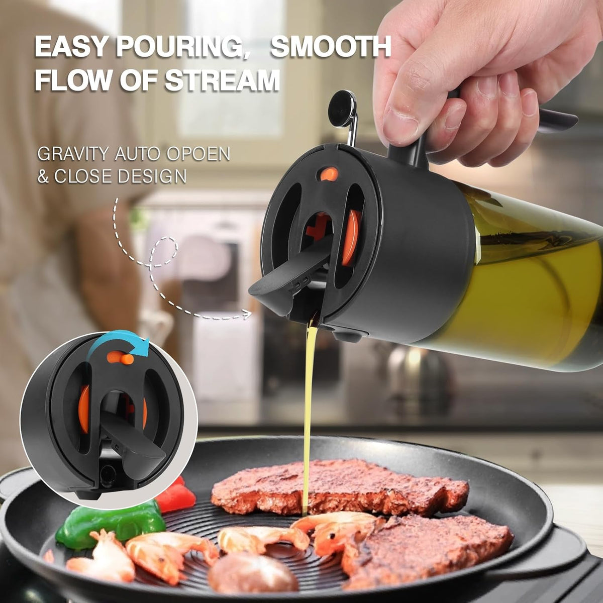 2-IN-1 Oil Sprayer for Cooking,Oil Dispenser for Kitchen,500ML,Black | Olive Oil Spray Bottle with Leak-Proof, Cooking Spray with Portion Control for BBQ, Air Fryer, Salad, Light-Blocking Glass