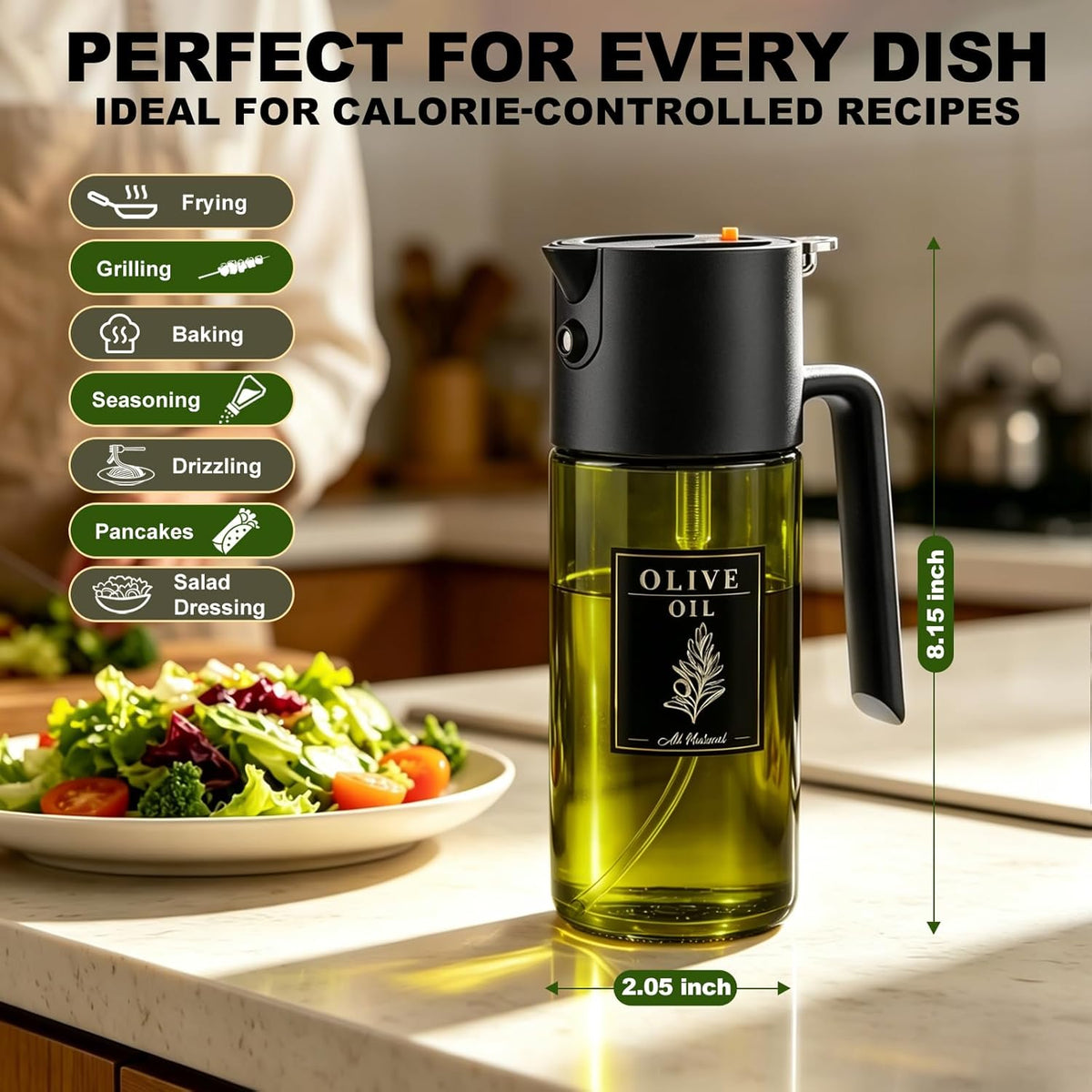 2-IN-1 Oil Sprayer for Cooking,Oil Dispenser for Kitchen,500ML,Black | Olive Oil Spray Bottle with Leak-Proof, Cooking Spray with Portion Control for BBQ, Air Fryer, Salad, Light-Blocking Glass