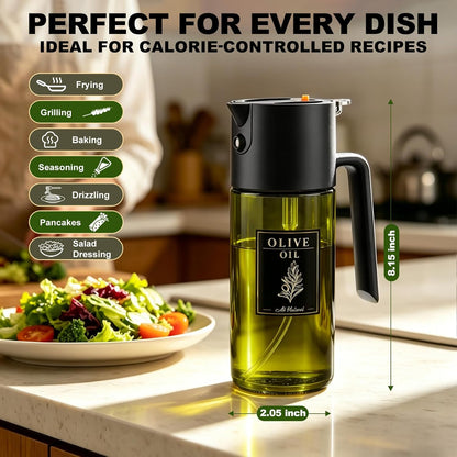 2-IN-1 Oil Sprayer for Cooking,Oil Dispenser for Kitchen,500ML,Black | Olive Oil Spray Bottle with Leak-Proof, Cooking Spray with Portion Control for BBQ, Air Fryer, Salad, Light-Blocking Glass