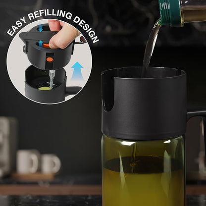 2-IN-1 Oil Sprayer for Cooking,Oil Dispenser for Kitchen,500ML,Black | Olive Oil Spray Bottle with Leak-Proof, Cooking Spray with Portion Control for BBQ, Air Fryer, Salad, Light-Blocking Glass