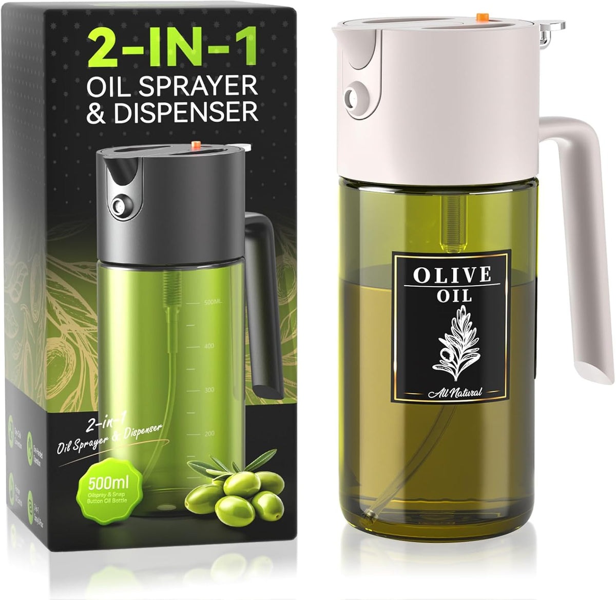 2-IN-1 Oil Sprayer for Cooking,Oil Dispenser for Kitchen,500ML,Black | Olive Oil Spray Bottle with Leak-Proof, Cooking Spray with Portion Control for BBQ, Air Fryer, Salad, Light-Blocking Glass