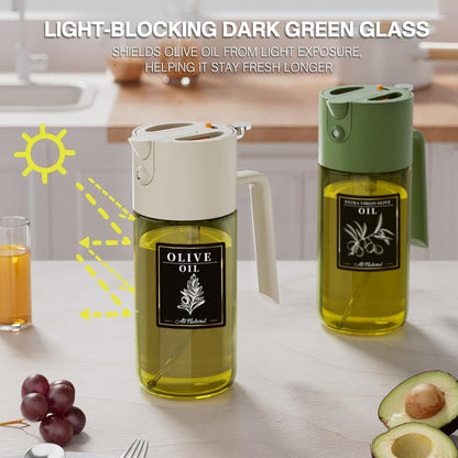 2-IN-1 Oil Sprayer for Cooking,Oil Dispenser for Kitchen,500ML,Black | Olive Oil Spray Bottle with Leak-Proof, Cooking Spray with Portion Control for BBQ, Air Fryer, Salad, Light-Blocking Glass
