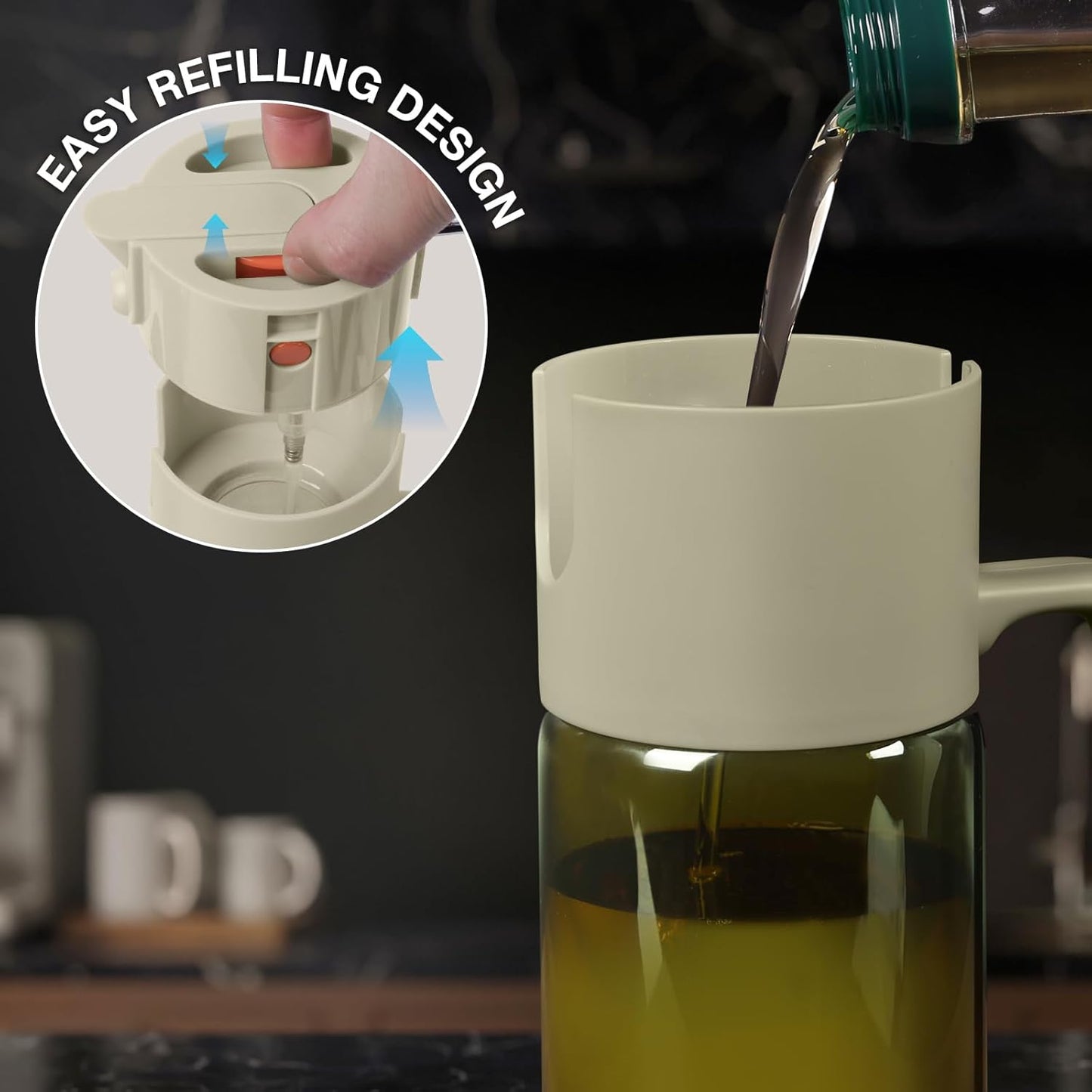 2-IN-1 Oil Sprayer for Cooking,Oil Dispenser for Kitchen,500ML,Black | Olive Oil Spray Bottle with Leak-Proof, Cooking Spray with Portion Control for BBQ, Air Fryer, Salad, Light-Blocking Glass