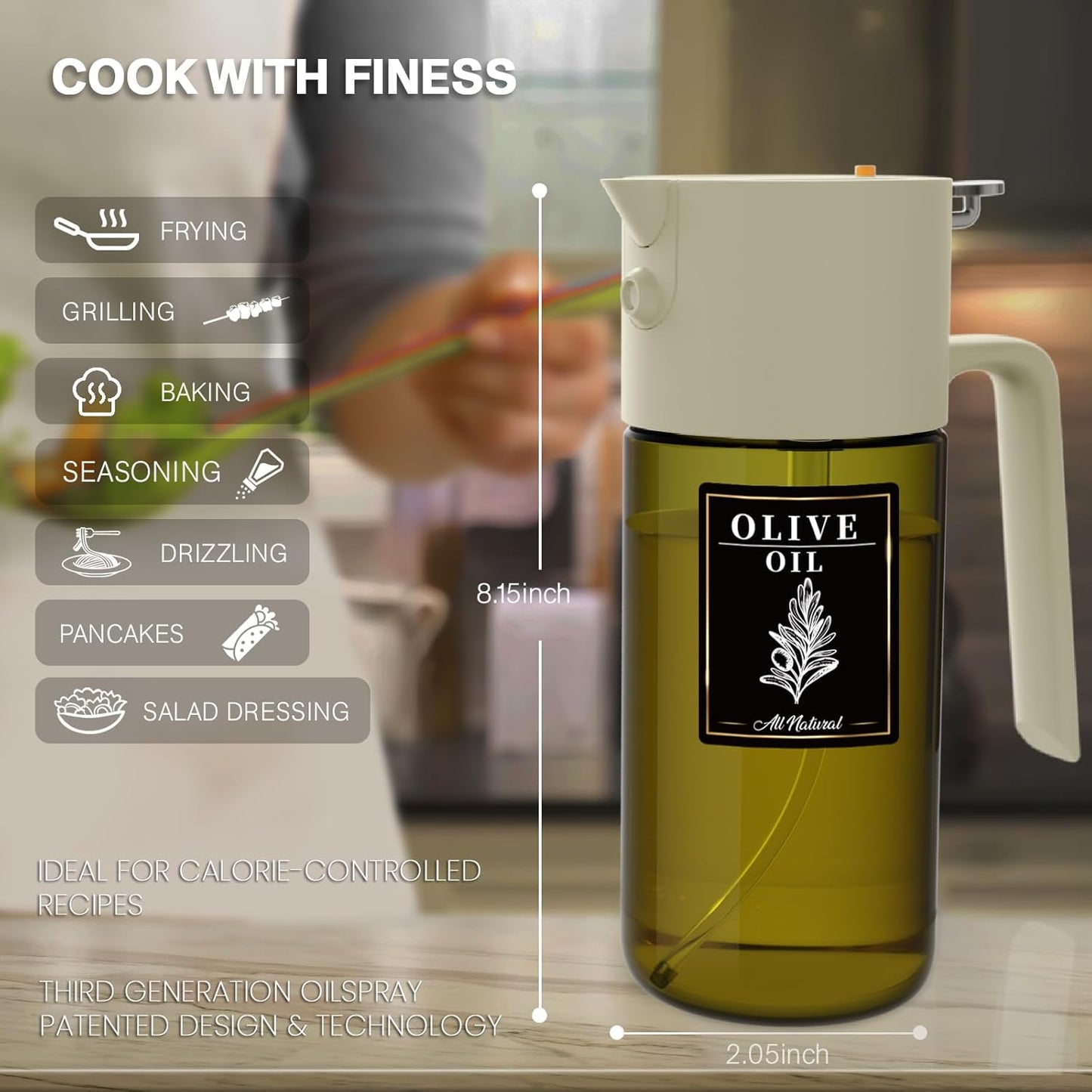 2-IN-1 Oil Sprayer for Cooking,Oil Dispenser for Kitchen,500ML,Black | Olive Oil Spray Bottle with Leak-Proof, Cooking Spray with Portion Control for BBQ, Air Fryer, Salad, Light-Blocking Glass