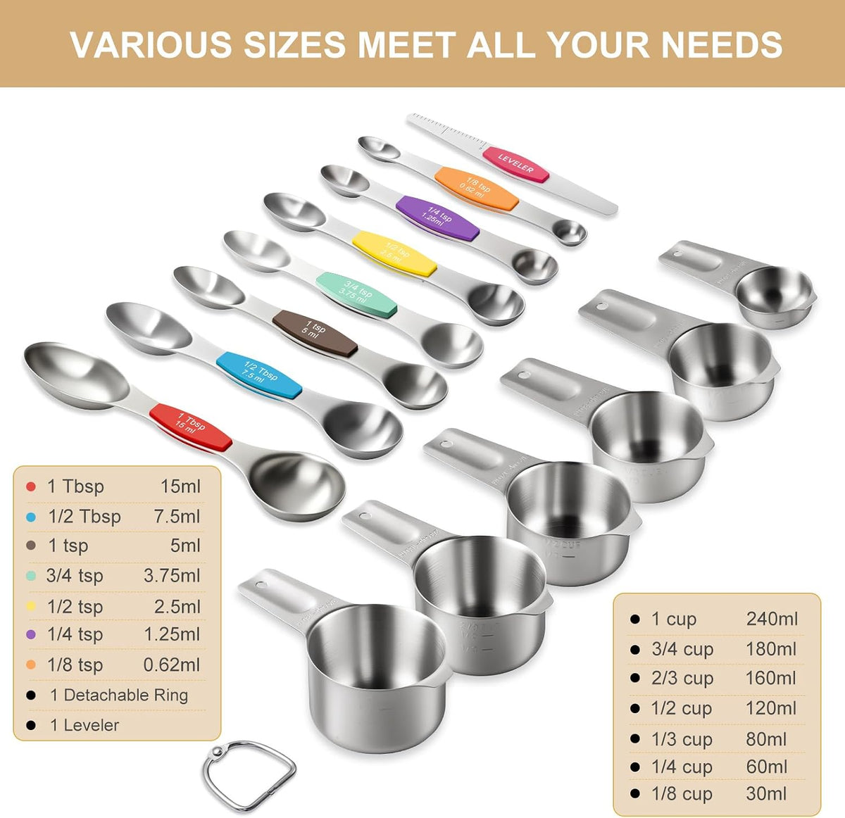 Stainless Steel Measuring Cups & Spoons Set, Kitchen Tools Nesting Measuring Cups and Spoons, Fits in Spice Jars for Baking & Cooking, BPA Free, Set of 15 with Leveler, Multicolor