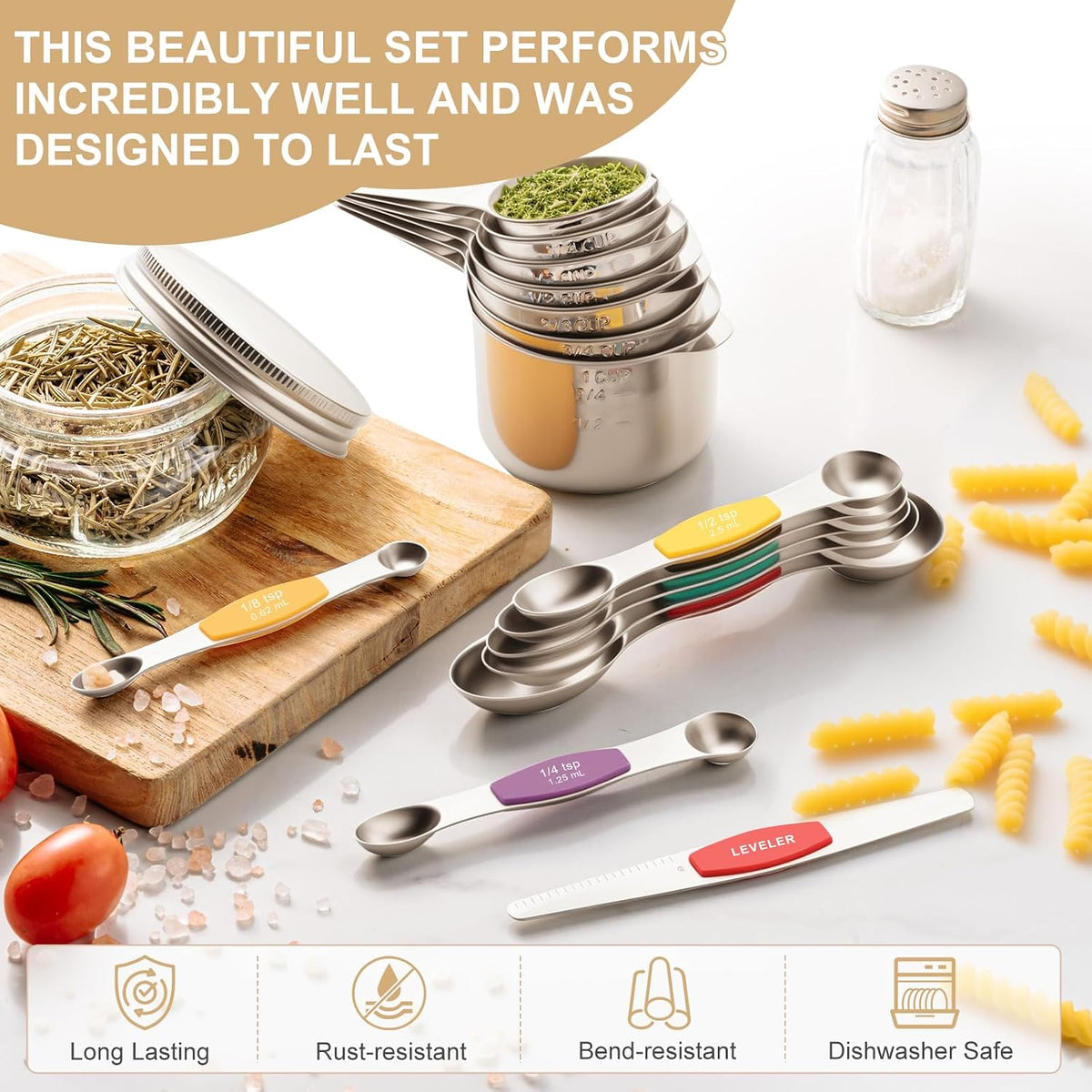 Stainless Steel Measuring Cups & Spoons Set, Kitchen Tools Nesting Measuring Cups and Spoons, Fits in Spice Jars for Baking & Cooking, BPA Free, Set of 15 with Leveler, Multicolor