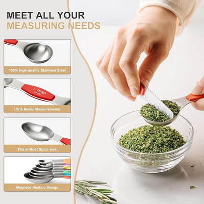 Stainless Steel Measuring Cups & Spoons Set, Kitchen Tools Nesting Measuring Cups and Spoons, Fits in Spice Jars for Baking & Cooking, BPA Free, Set of 15 with Leveler, Multicolor