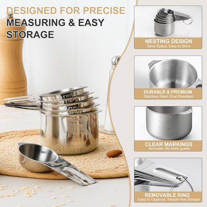 Stainless Steel Measuring Cups & Spoons Set, Kitchen Tools Nesting Measuring Cups and Spoons, Fits in Spice Jars for Baking & Cooking, BPA Free, Set of 15 with Leveler, Multicolor