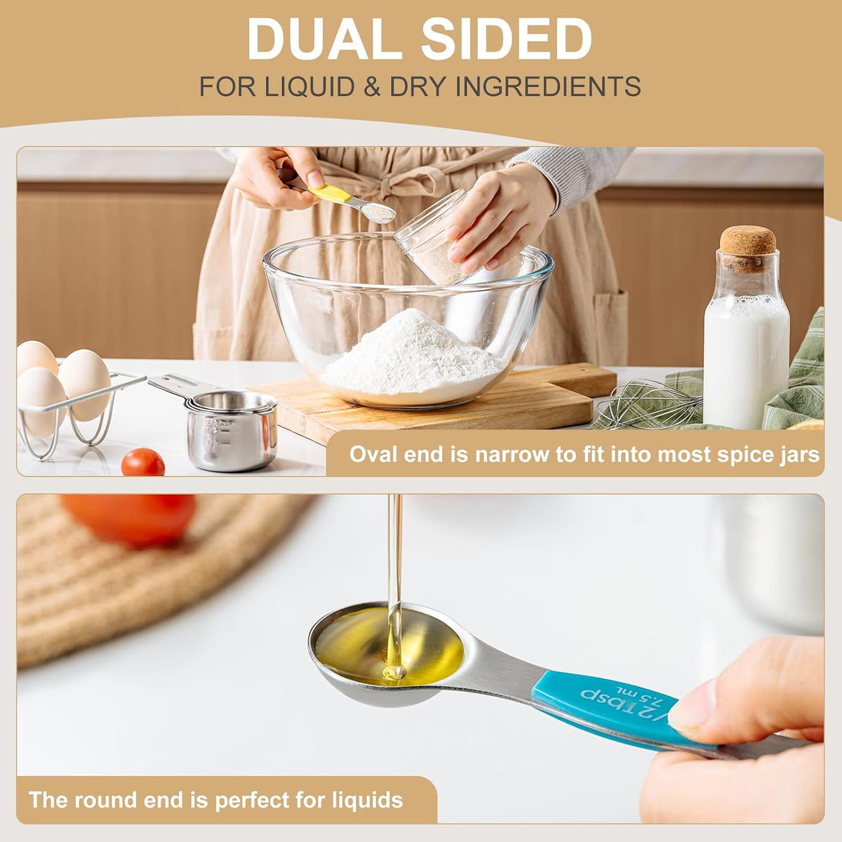 Stainless Steel Measuring Cups & Spoons Set, Kitchen Tools Nesting Measuring Cups and Spoons, Fits in Spice Jars for Baking & Cooking, BPA Free, Set of 15 with Leveler, Multicolor