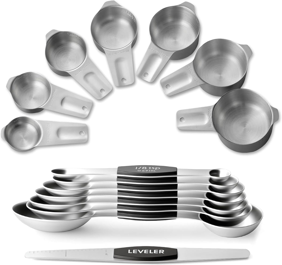 Stainless Steel Measuring Cups & Spoons Set, Kitchen Tools Nesting Measuring Cups and Spoons, Fits in Spice Jars for Baking & Cooking, BPA Free, Set of 15 with Leveler, Multicolor