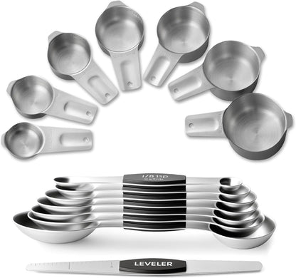 Stainless Steel Measuring Cups & Spoons Set, Kitchen Tools Nesting Measuring Cups and Spoons, Fits in Spice Jars for Baking & Cooking, BPA Free, Set of 15 with Leveler, Multicolor