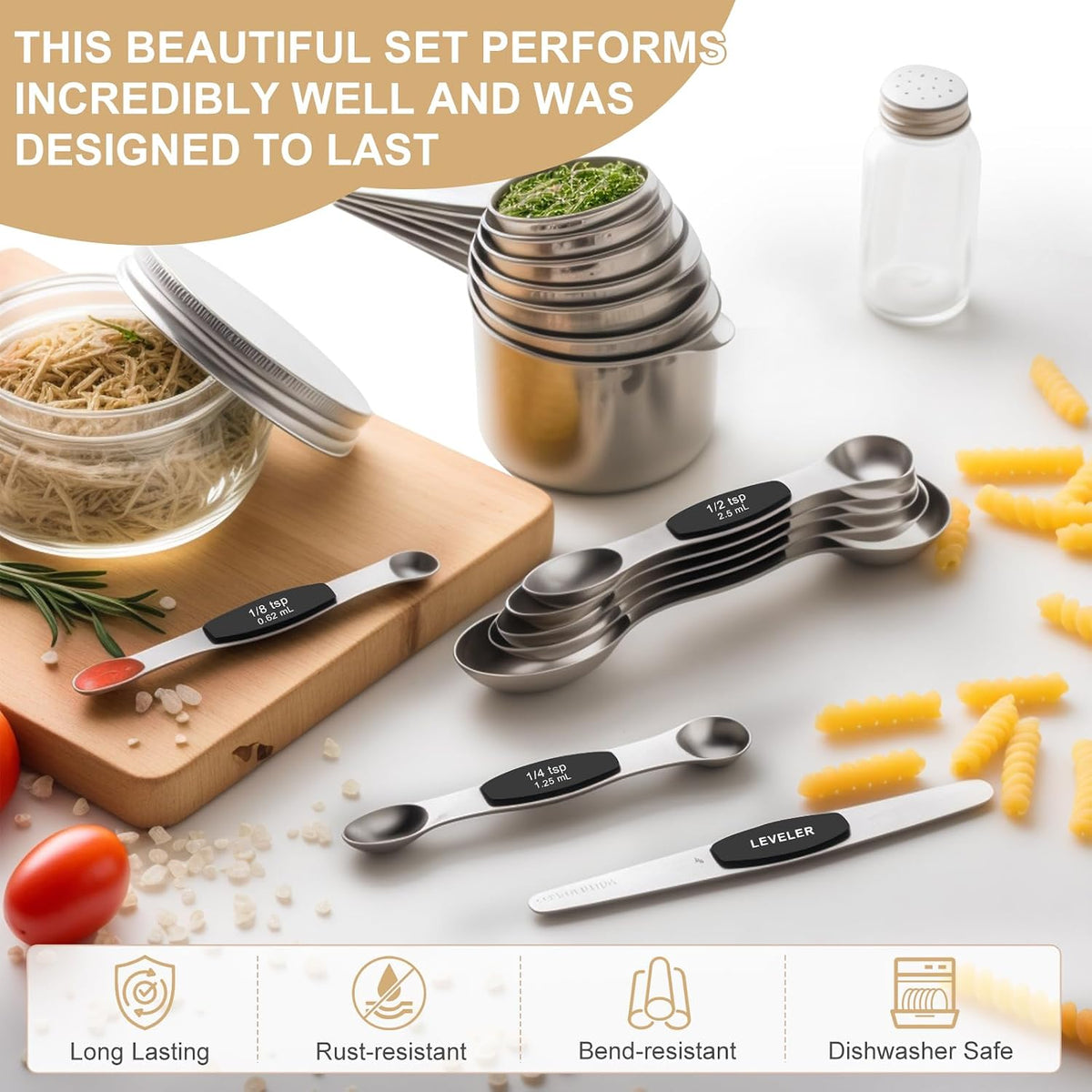 Stainless Steel Measuring Cups & Spoons Set, Kitchen Tools Nesting Measuring Cups and Spoons, Fits in Spice Jars for Baking & Cooking, BPA Free, Set of 15 with Leveler, Multicolor