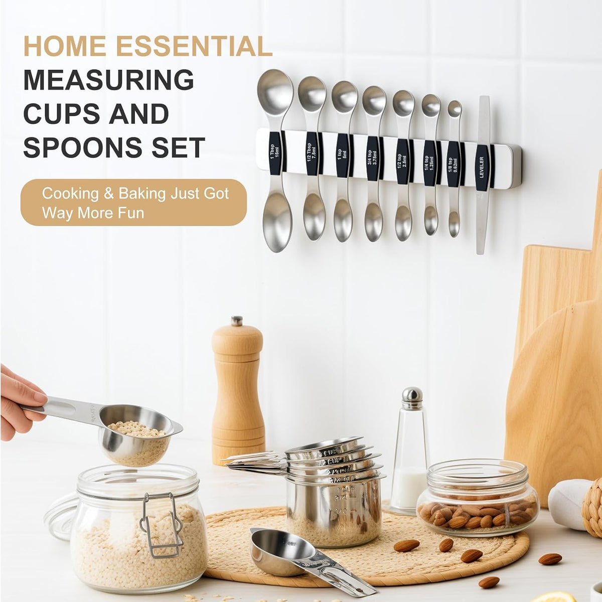 Stainless Steel Measuring Cups & Spoons Set, Kitchen Tools Nesting Measuring Cups and Spoons, Fits in Spice Jars for Baking & Cooking, BPA Free, Set of 15 with Leveler, Multicolor