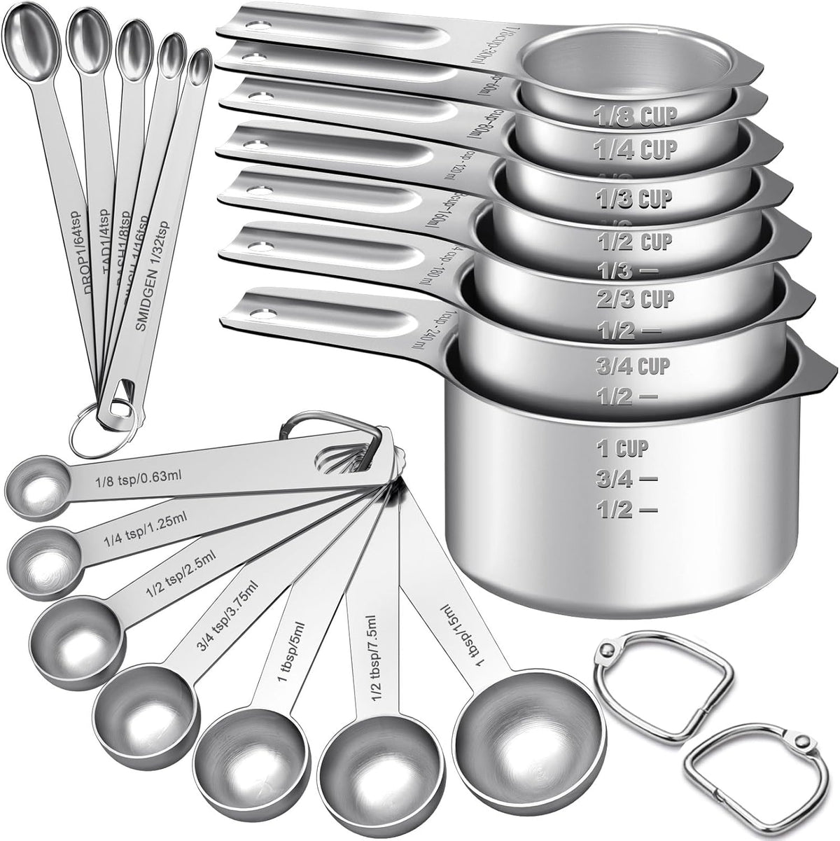 Stainless Steel Measuring Cups & Spoons Set, Kitchen Tools Nesting Measuring Cups and Spoons, Fits in Spice Jars for Baking & Cooking, BPA Free, Set of 15 with Leveler, Multicolor