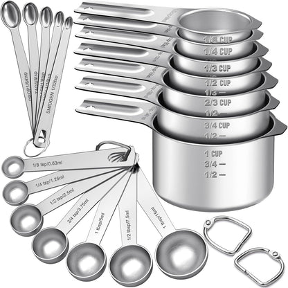 Stainless Steel Measuring Cups & Spoons Set, Kitchen Tools Nesting Measuring Cups and Spoons, Fits in Spice Jars for Baking & Cooking, BPA Free, Set of 15 with Leveler, Multicolor