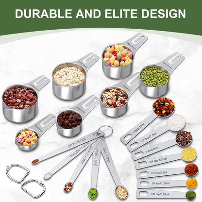 Stainless Steel Measuring Cups & Spoons Set, Kitchen Tools Nesting Measuring Cups and Spoons, Fits in Spice Jars for Baking & Cooking, BPA Free, Set of 15 with Leveler, Multicolor