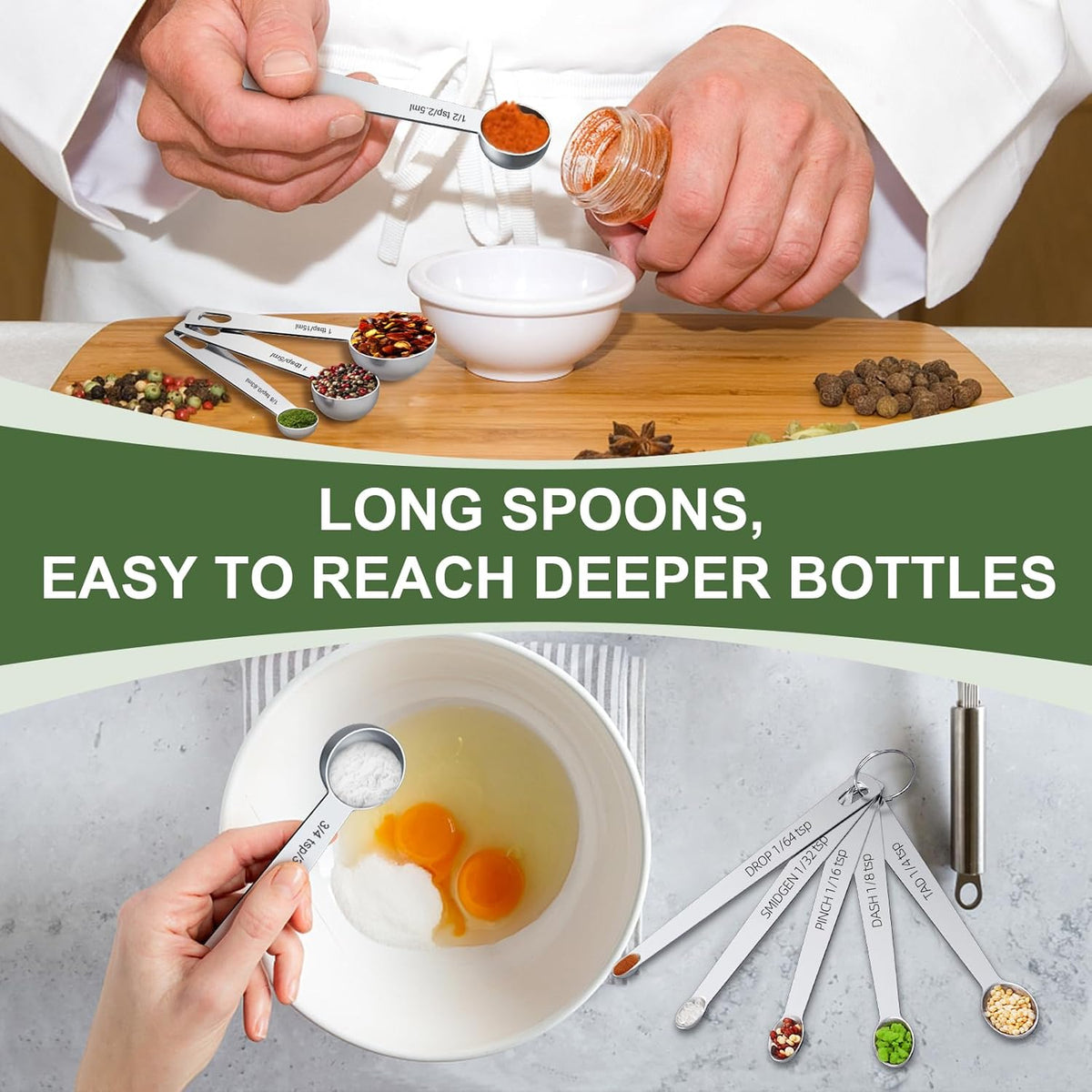 Stainless Steel Measuring Cups & Spoons Set, Kitchen Tools Nesting Measuring Cups and Spoons, Fits in Spice Jars for Baking & Cooking, BPA Free, Set of 15 with Leveler, Multicolor