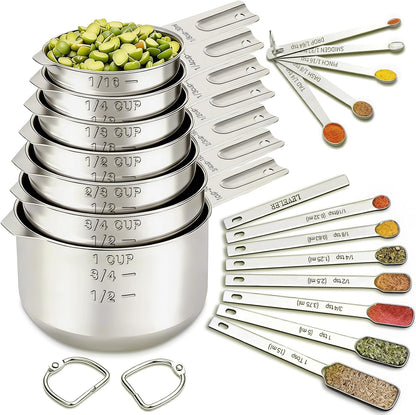 Stainless Steel Measuring Cups & Spoons Set, Kitchen Tools Nesting Measuring Cups and Spoons, Fits in Spice Jars for Baking & Cooking, BPA Free, Set of 15 with Leveler, Multicolor