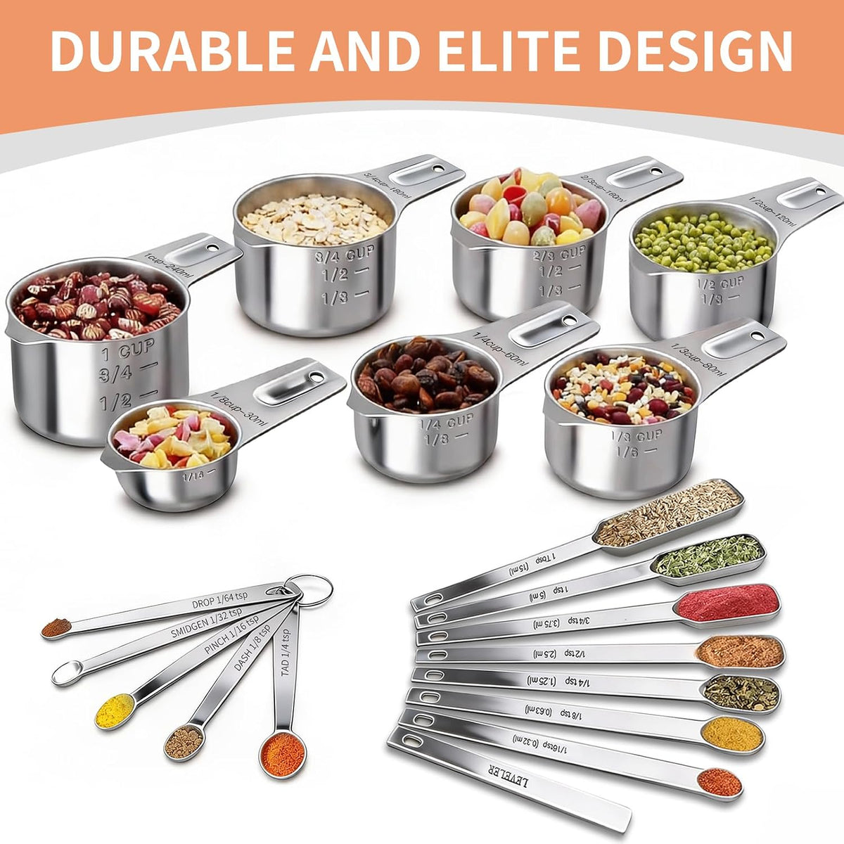 Stainless Steel Measuring Cups & Spoons Set, Kitchen Tools Nesting Measuring Cups and Spoons, Fits in Spice Jars for Baking & Cooking, BPA Free, Set of 15 with Leveler, Multicolor