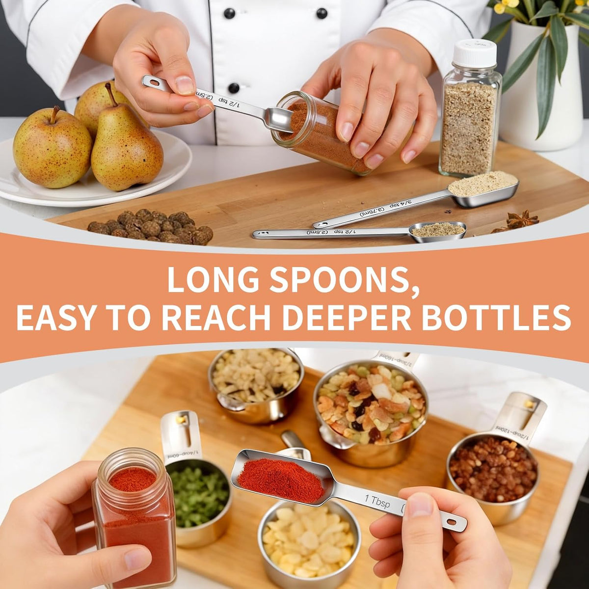 Stainless Steel Measuring Cups & Spoons Set, Kitchen Tools Nesting Measuring Cups and Spoons, Fits in Spice Jars for Baking & Cooking, BPA Free, Set of 15 with Leveler, Multicolor