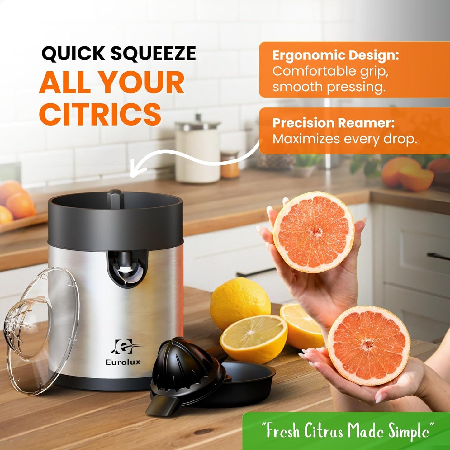 Electric Orange Juicer, Sleek Effortless Citrus Juice Squeezer for Lemon, Lime, Grapefruit | Powerful Motor, Easy to Clean, Removable Dishwasher-Safe Parts