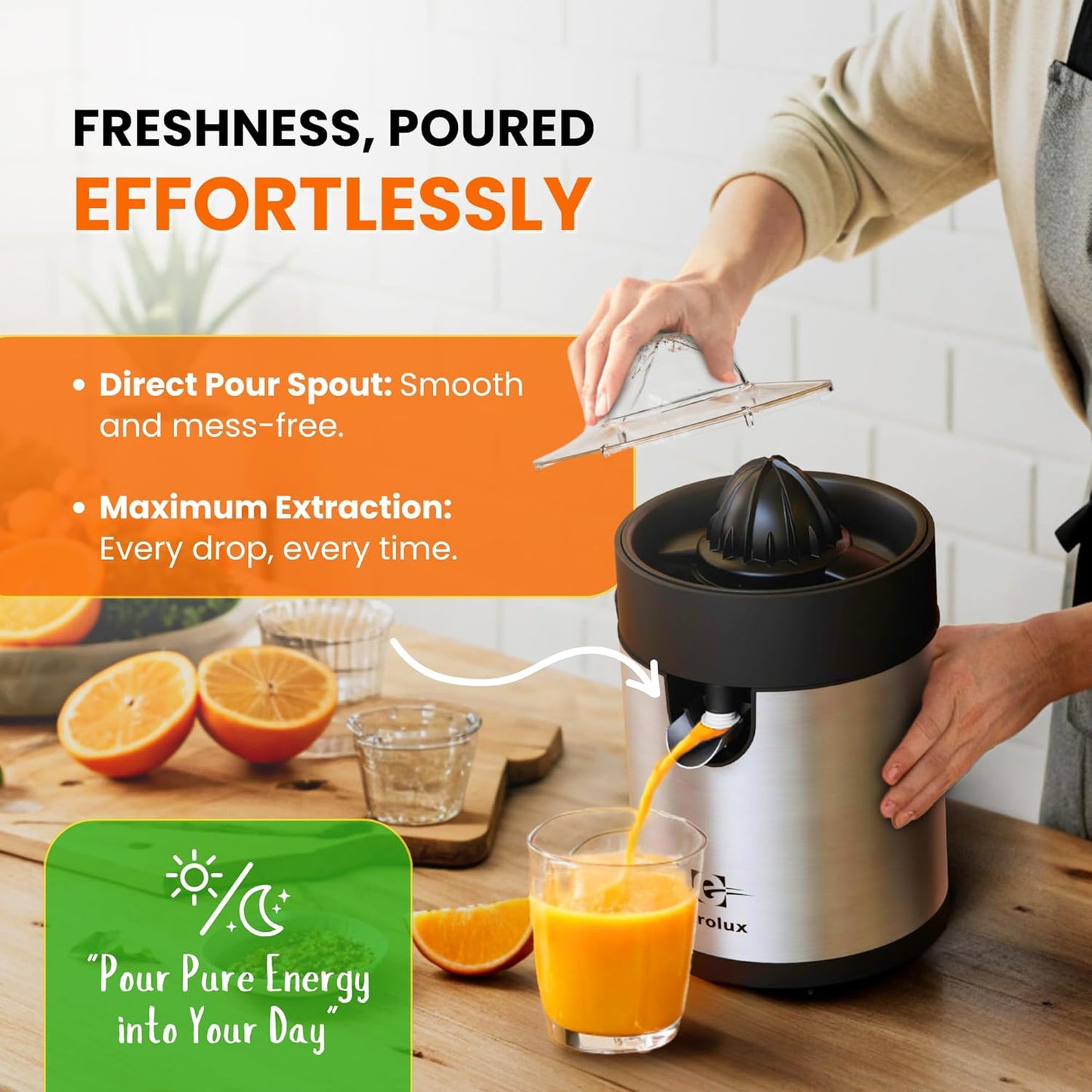 Electric Orange Juicer, Sleek Effortless Citrus Juice Squeezer for Lemon, Lime, Grapefruit | Powerful Motor, Easy to Clean, Removable Dishwasher-Safe Parts